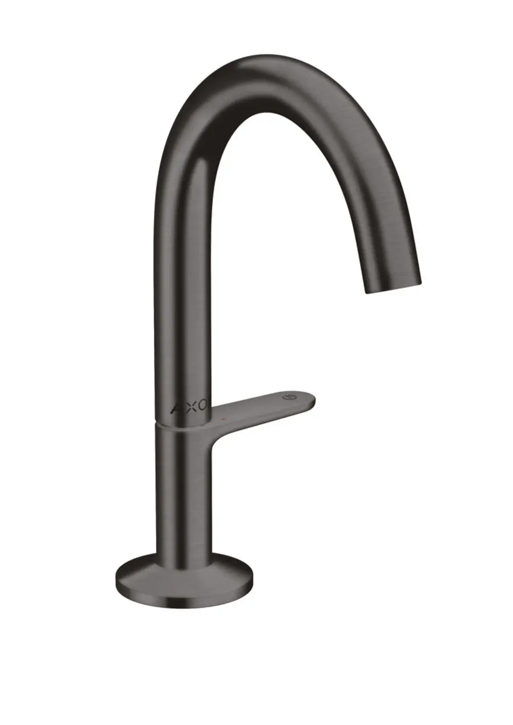 Waschtischmischer in gebürstetem Schwarzchrom von AXOR mit einem schlichten, geschwungenen Auslauf und einem benutzerfreundlichen Hebel für die Wasserregulierung.